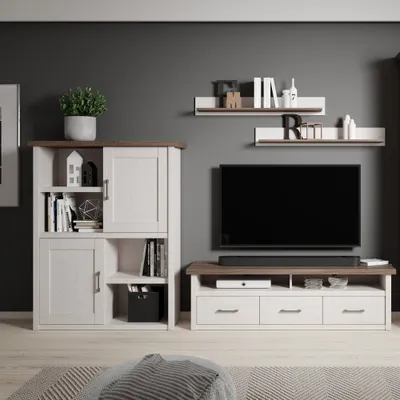 Produktbild von Wohnzimmer Set im Landhausstil LUND-78 in Pinie weiß Nb./Trüffel Eiche Nb., B/H/T: ca. 269/201/43 cm