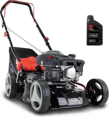A black and red lawnmower with a bottle of oil next to it, presented on a white background.