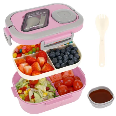Produktbild von Lunchbox mit Fächern, Lunchbox, Behälter für Mittagessen und Salat, Bento-Box mit Löffel, Snackbox, Lunchpaket, für Erwachsene und Kinder, BPA-frei (rosa)