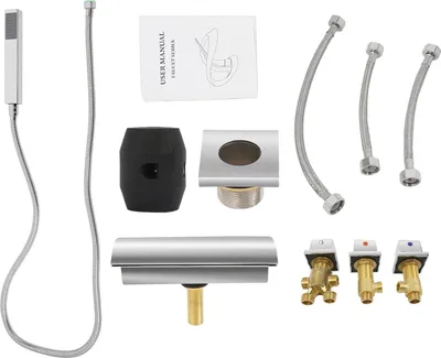 Produktbild von Wasserfallarmatur - Waschtischarmatur Set - Deckmontage - Wasserfall-Auslauf - Handbrause 24 cm - Ventilkern aus Messing - Modernes Design - Silber
