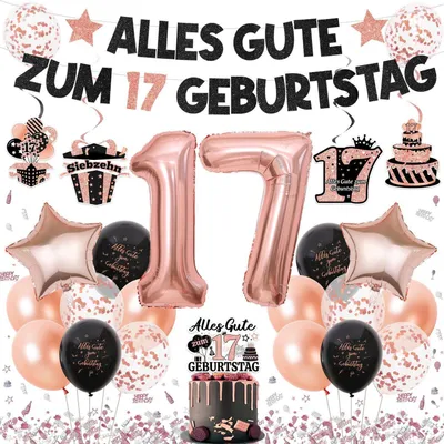 Produktbild von Deko 17. Geburtstag Mädchen Rosegold Ballons & Girlande XXL Zahlenballon Tortendeko