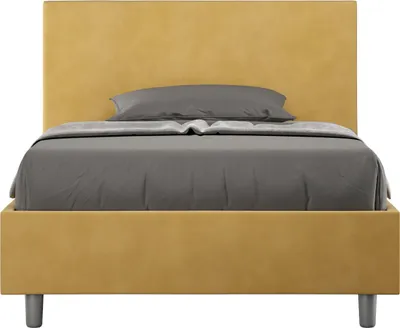 A front view of a bed with a yellow headboard and frame, dressed with gray bedding and pillows.