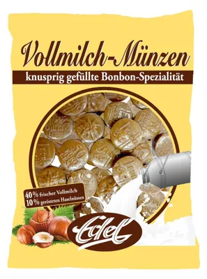 Immagine prodotto di Monete di latte intero Noble ripiene di latte e nocciole croccanti 120g