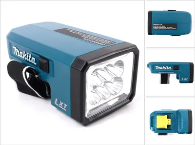 A collage of images showing a teal and black Makita LED flashlight from different angles, including a close-up of the front with the lights and a view of the battery attachment point.