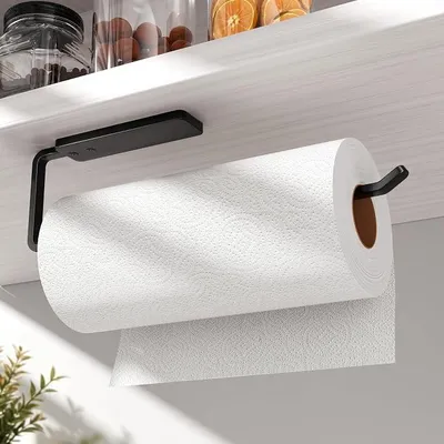 Produktbild von PolkaHome® Küchenrollenhalter ohne Bohren, Küchenrollenhalter für Papierrolle, 31 cm, selbstklebend, Aluminium, Schwarz