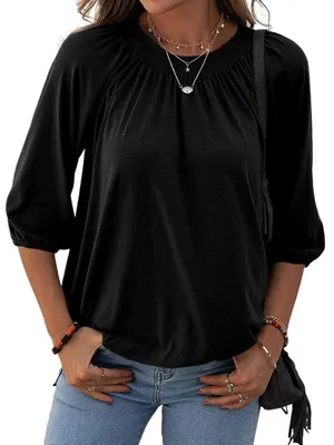 Produktbild von Damen-T-Shirt-Bluse mit Rundhalsausschnitt,einfarbig,aus Baumwolle,halblang,3/4-Ärmel,lässig,locker,plissiert,Basic-Top