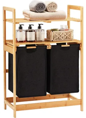 Immagine prodotto di Cesto per la biancheria con struttura in bambù e 2 ripiani, 2 sacchi per la biancheria, 93x64x33 cm, colore nero
