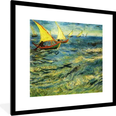Produktbild von MuchoWow® Gerahmtes Poster Fischerboote auf See - Gemälde von Vincent van Gogh 40x40 cm - Poster mit Schwarzem Bilderrahmen Wandposter Rahmen Foto Bilder - Poster - Plakat im Rahmen
