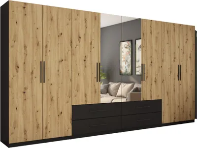 Produktbild von Meblast | Kleiderschrank 400x220 cm mit 2 Spiegeln - Schwarz/Eiche Artisan - Garderobe mit Regalen, Schubladen und Kleiderstange | Kontrastreicher Look