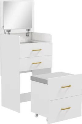 Produktbild von 3-in-1-Schminktisch mit Spiegel, Nachttisch, Rollhocker, Schubladen, Weiß