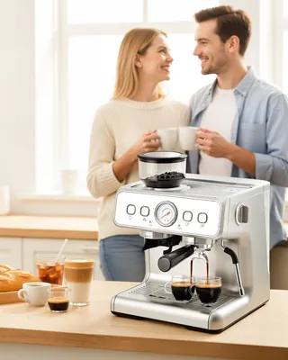 Produktbild von Siebträgermaschine mit integriertem Mahlwerk, 15 Bar Espressomaschine mit Manometer & Milchaufschäumer, 2,8L Tank