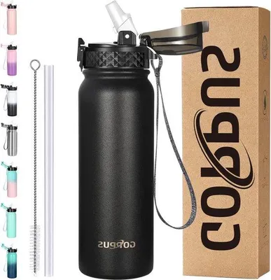 Produktbild von Famanu Sportflasche 600 ml mit Strohhalm - isolierte Trinkflasche für Sport