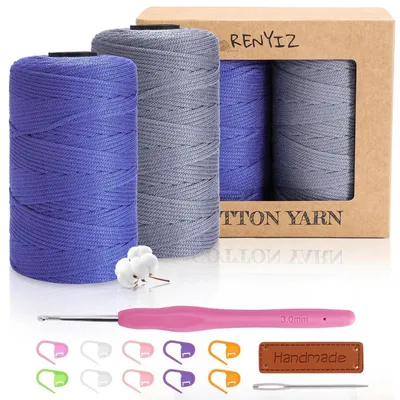 Zdjęcie produktu dla Sznurek do makramy, 2,5 mm, 2 x 250 g, bawełna z haczykiem, kolor niebiesko-szary
