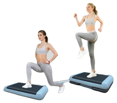 Image de Step aérobic, dimensions : 76 cm. Hauteur réglable de 10,5 cm à 15,5 cm. Supporte un poids de 250 kg. Surface antidérapante texturée. Livré avec 2 rehausseurs