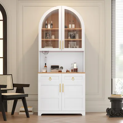 Immagine prodotto di Mobiletto a giorno con ripiani e piano di lavoro, vetrina con cassetti e ante, illuminazione a LED, presa di corrente e porta USB integrata, colore bianco, realizzato in pannello di particelle e MDF