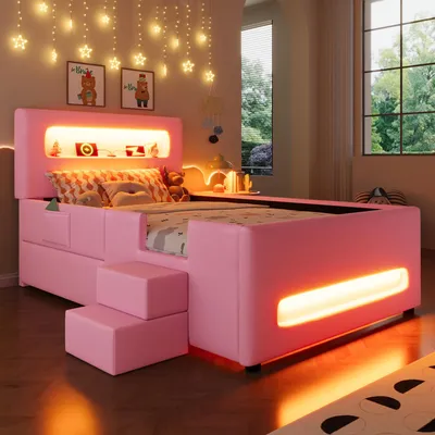 Image de Lit rembourré 90 x 200 cm avec tiroir sur roulettes, éclairage LED intégré à la tête et au pied du lit, contrôlable via une application, ports USB, poches de rangement et marchepied, en PU/MDF, de couleur rose