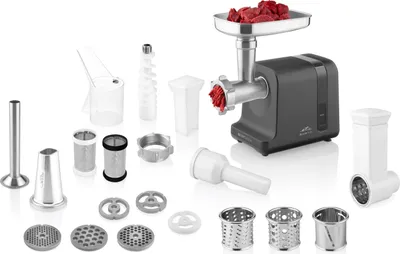 Produktbild von Fleischwolf ETA BESTO  Artikel Nr.: ETA607590000  Elektrischer Fleischwolf mit Metallzahnräder, Mahlgeschwindigkeit bis zu 2,9 kg/min. Zerkleinert Fleisch, füllt Würste, raspelt und presst Obst und Gemüse.