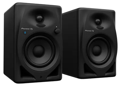 A pair of black Pioneer DJ speakers.
