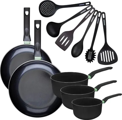Image de Set de 2 poêles 28 et 30 cm et 3 casseroles 16, 18 et 20 cm antiadhésives céramique et 6 ustensiles Fackelmann Brandao