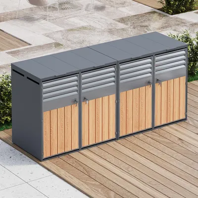 Productafbeelding van Containerberging met 4 deuren, hydraulisch klapdeksel, ventilatielamellen en afsluitbare frontdeur, verzinkt staal, houtnerflook en grijs
