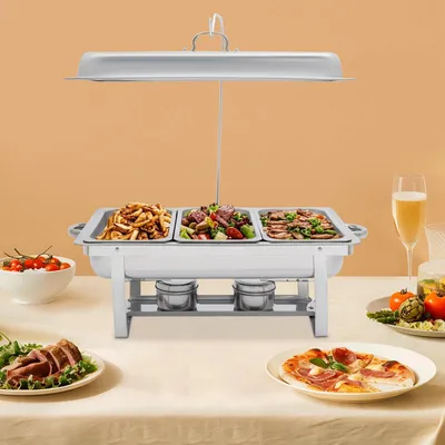 Produktbild von Chafing Dish Buffetwärmer - Speisenwärmer - 3 x 3 L Schalen - Edelstahl 410 - Rechteckig - Silber