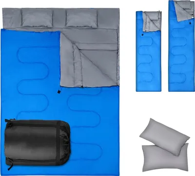 Produktbild von Doppel Schlafsack für 1 oder 2 Personen, multifunktionaler Deckenschlafsack, Einzelschlafsack mit 2 Kopfkissen & Tragetasche, wasserdichter Sommerschlafsack Drinnen & Draussen (Blau)
