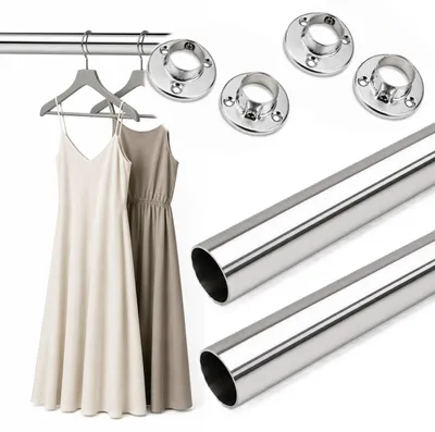 Produktbild von HOOZ® Kleiderstange Rund Ø 24 mm 50 cm [SCHRANK- & WANDMONTAGE] Schrankrohr aus Stahl inkl. Halter Schrankstange Garderobenstange Silber 2er Set