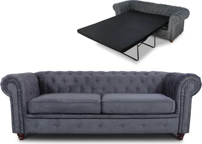 Produktbild von Schlafsofa Chesterfield Asti Bis 3-Sitzer, Sofa mit Schlaffunktion, Couch 3-er, Couchgarnitur, Sofagarnitur, Holzfüße - Glamour Design (Graphit (Capri 16))