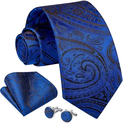 Immagine prodotto di Set da uomo: cravatta, fazzoletto da taschino e gemelli, motivo paisley, blu/nero