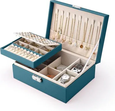 Image de Boîte à bijoux en cuirPolyuréthanevert à deux compartiments avec serrure - Organiseur pour bagues, boucles d'oreilles, bracelets, colliers et montres