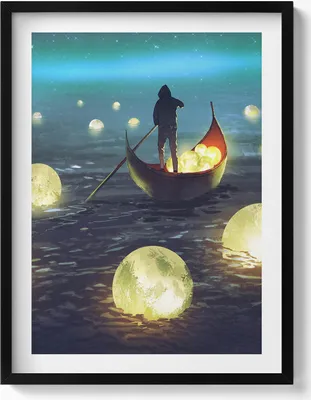 Produktbild von Illustration von Booten und Monden– Wandbild mit Rahmen – Gerahmtes Bild  – Wanddekoration – 60x80 cm –  Schwarz Rahmen