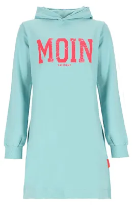 Produktbild von Salzhaut Damen Hoodie-Kleid Affluern mit Moin-Print - Unifarbenes Kapuzenkleid langarm in Aqua-Neon-Pink Größe M