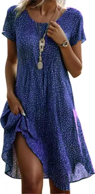 Obrázek produktu pro ASKSA Dámské letní šaty Ležérní letní boho šaty Elegantní květinový tisk Maxi šaty s krátkým rukávem A-linie plážové šaty (fialová,L)