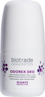 A white roll-on antiperspirant bottle with purple accents and text.