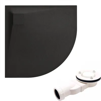 A black shower tray and a white drain siphon are shown against a white background.