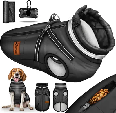 Produktbild von TRESKO® Hundejacke Schwarz / Größe L Winter mit Reflektoren inkl. 15 Stück Kotbeutel + Spender | Hunderegenmantel wasserdicht | Hundemantel inkl. Geschirr | Hunde Winterweste gefüttert