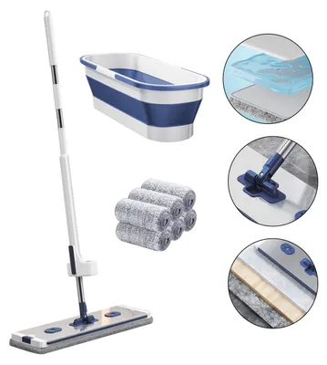 A collage of images showing a mop, a collapsible bucket, and close-ups of mop head components and usage.