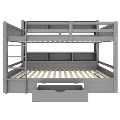 Produktbild von Flieks Etagenbett 90x200cm mit Regalen und Schublade, Hochbett mit Leiter, Kinderbett mit Rausfallschutz und Lattenrost, Stockbett 2 Kinder, Grau