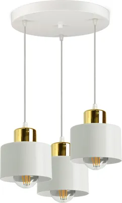 A white and gold pendant light fixture with three lamps.