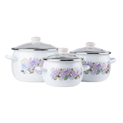 A set of three white enamel pots with a floral pattern, displayed on a white background.