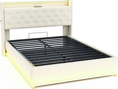 Produktbild von okwish Polsterbett Doppelbett 140x200cm mit LED und USB, hydraulisches Boxspringbett mit Stauraum, Lattenrost und Metallrahmen, Leinen(Ohne Matratze)-Beige