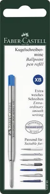 A Faber-Castell ballpoint pen refill in its packaging, showing the refill and various pen models it is compatible with.