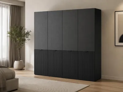 Produktbild von Drehtürenschrank, Falttürenschrank 4-türig Schrank mit Einlegeböden und Kleiderstange, Schlafzimmer  - Schrank Minewra 200 - Nova + Schwarz