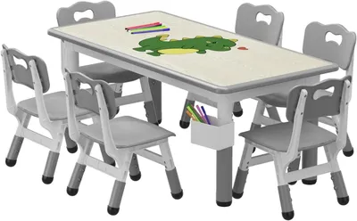 Immagine prodotto di Tavolo per bambini con 6 sedie - Altezza regolabile - Piano del tavolo lavabile - Contenitore portaoggetti - Piedini antiscivolo - Set da 7 pezzi - Grigio