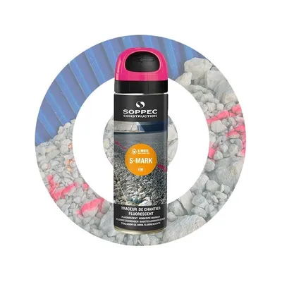 A spray can of Soppec S-Mark fluorescent marking paint, set against a background of construction debris and a blue corrugated surface.