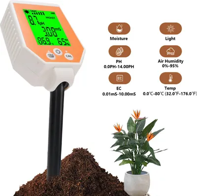 Produktbild von 6 in 1 Bodenmessgerät Digital PH Tester Bodenfeuchte Pflanze Temperatur Sonnenlicht Intensität EC PH Meter für Garten Rasen Pflanzenpflege