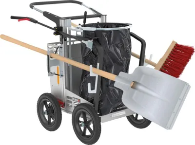 Produktbild von Reinigungswagen-Set, 2 Achsen, Müllsackhalter, Greifzange, Aluminiumschaufel, Straßenbesen, abschl. Handfach, Feststellbremse, BxTxH 900x710x1030 mm