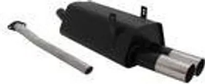 A black sport exhaust muffler with two silver tailpipes and a separate silver pipe are shown against a white background.