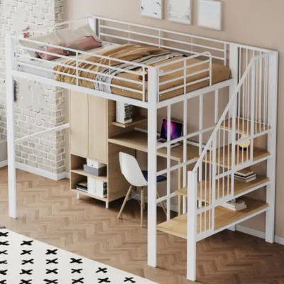 Produktbild von Etagenbett, Hochbett Metallkonstruktion mit geräumigem Stauraum unter dem Bett und Treppe, Stauraumbett für maximale Platzeffizienz 140 x 200