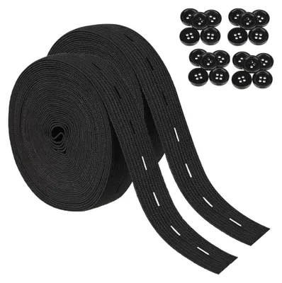Produktbild von 2 Rollen 5M Elastisch Gummiband Nähen,Flaches Nähband Gummiband mit Knopfloch,mit 20 Knöpfe Elastisches Gummiband Nähen für Hosenrock Stirnband (Schwarz)
